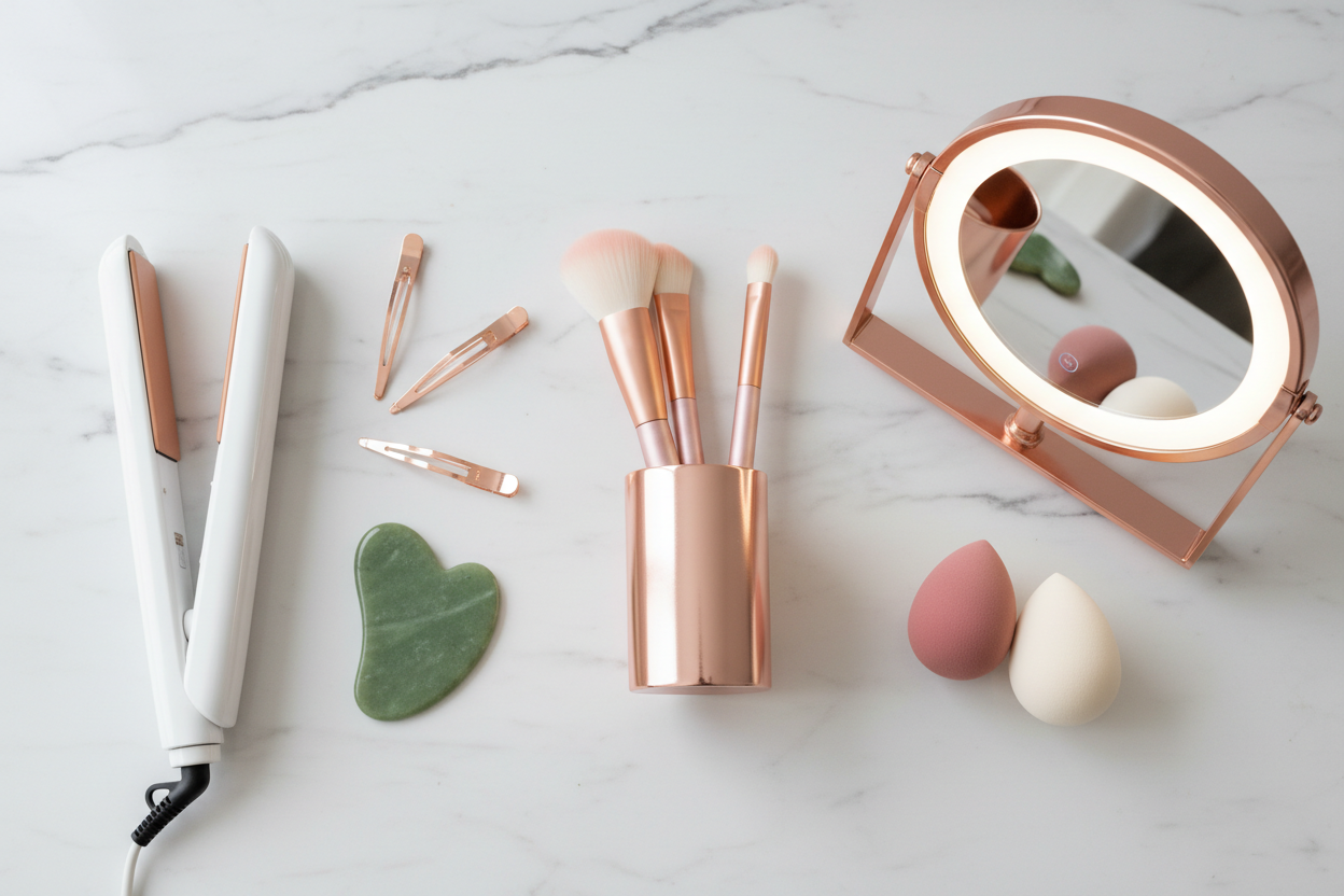 create an image of beauty accessories and or tools that matches the theme of the images in the partnering collection blocks